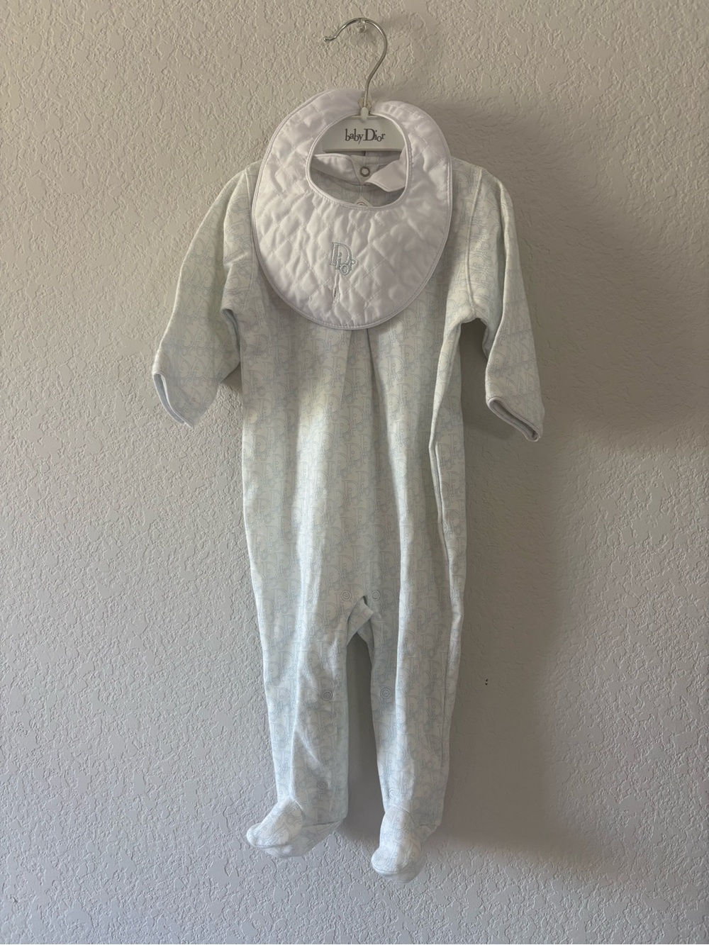 Baby Dior Light Blue Quilted-Bib Footed One-Piece